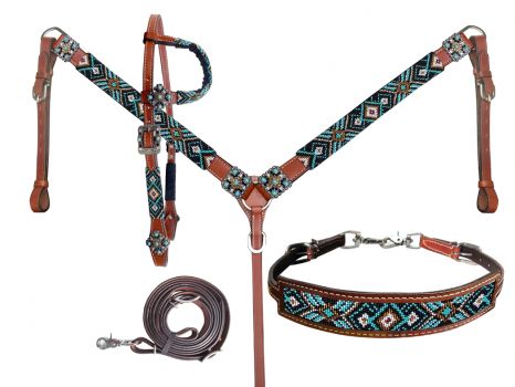 Teal Southwest Beaded 4pc Tack Set