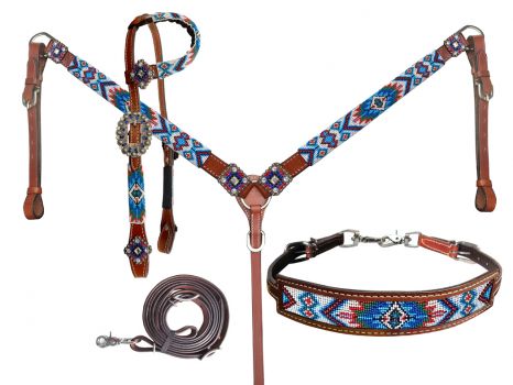 Blue/White Southwest Beaded 4pc Tack Set