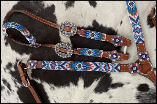 Blue/White Southwest Beaded 4pc Tack Set