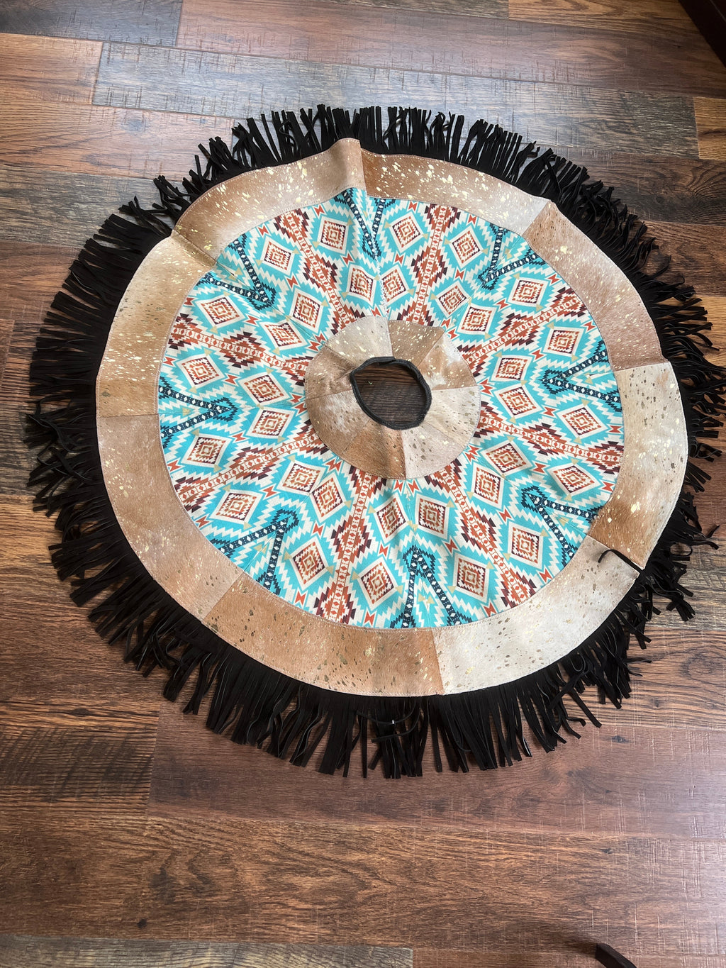 Cowhide Leather Christmas Tree Skirt - Acid Wash/Aztec Inlay