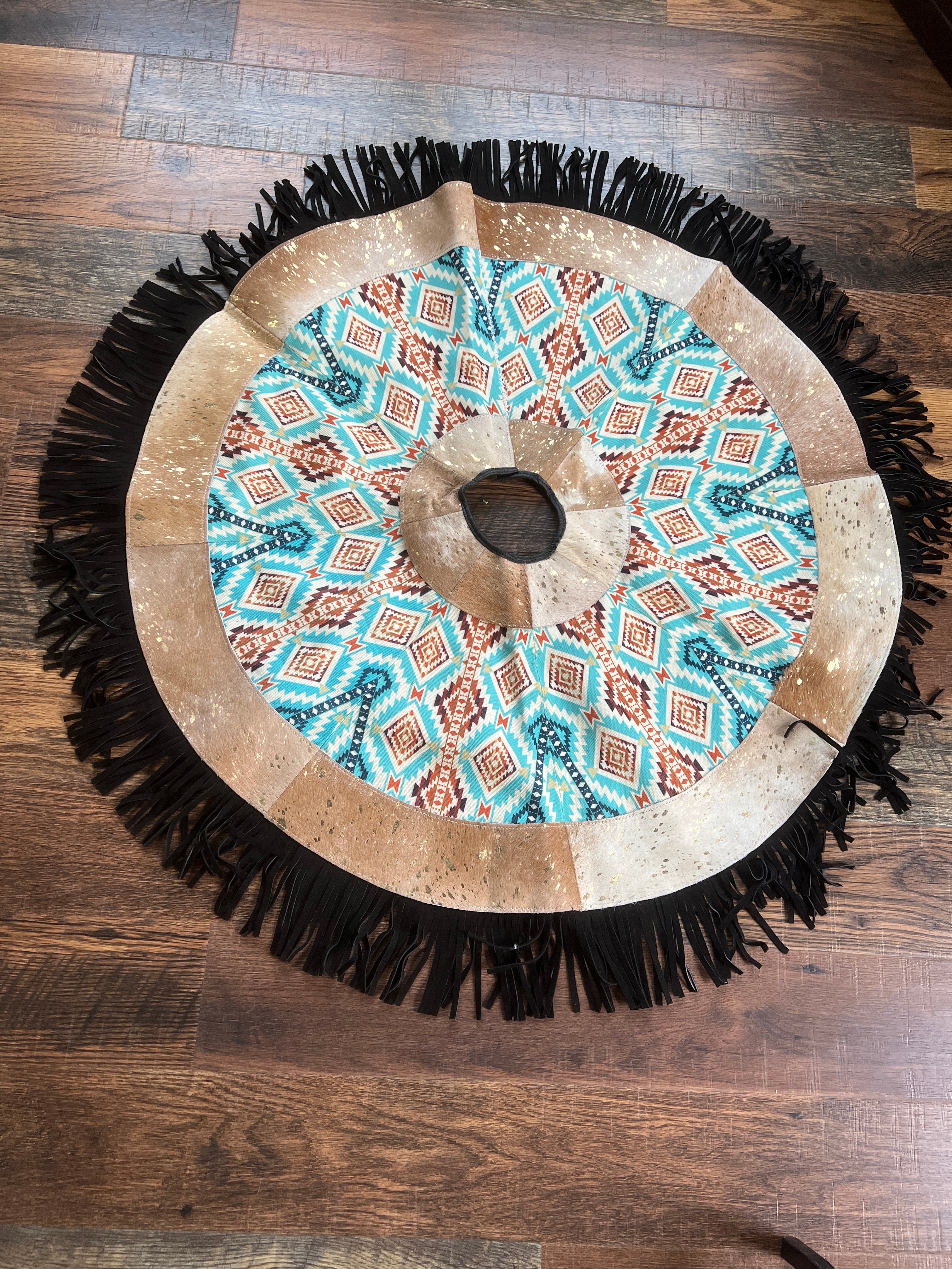 Cowhide Leather Christmas Tree Skirt - Acid Wash/Aztec Inlay