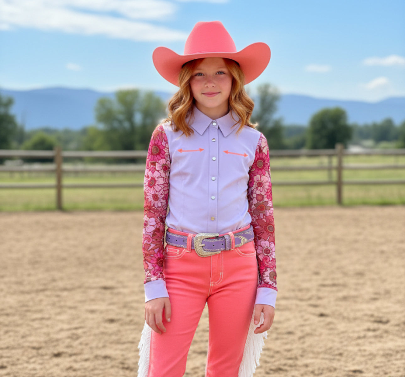 AeroTEQ Girls Lilac Bloom Mesh Pearl Snap Rodeo Shirt
